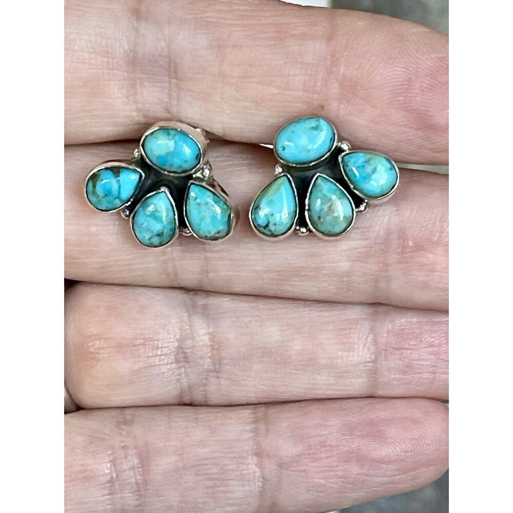 Native American Style Sterling Silver Turquoise Cluster Earrings Southwest Boho - Picture 8 of 9